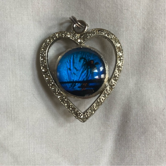 VTG Blue Morpho Butterfly Wing Heart Pendant Reversible 1.5” Rhinestones - Picture 1 of 4